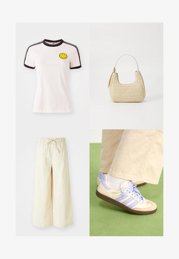 Hvit bomulls t-skjorte med svart ribbet krage, korte ermer, svarte striper og et gult smilefjes brodert på brystet.; Bredder bukser i myk, lett beige stoff. Har en elastisk midje med en front snor for justerbar passform. Glatt tekstur.; Kremfargede og lavendelfargede joggesko med tre striper og en teksturert brun såle, med lisser og en polstret hæl. Mykt stofføvre.; Vevd stråveske i beige med buet form, kort håndtak og glidelås på siden. Har teksturert overflate og minimalistisk design.