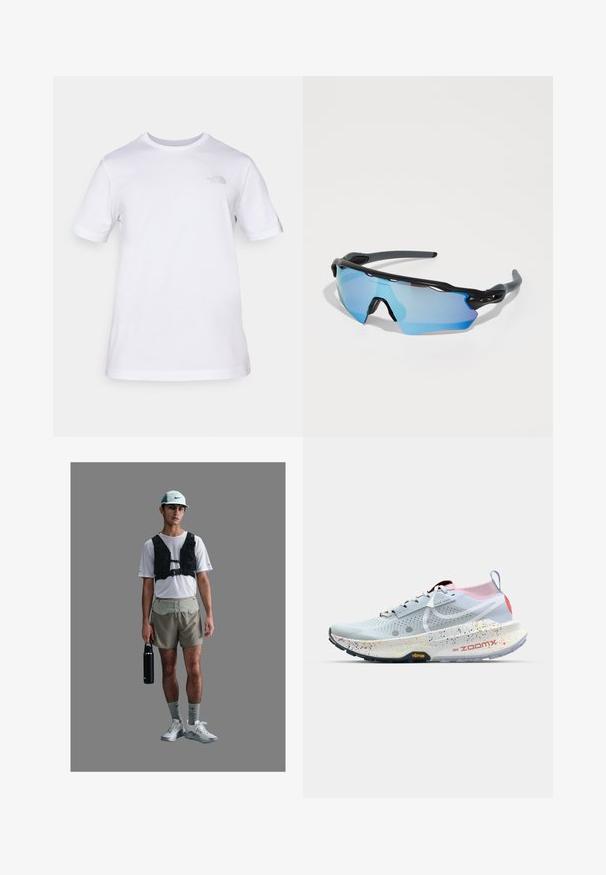 Witte katoenen t-shirt met korte mouwen en een ronde hals. Heeft een klein grijs logo op de linkerkant van de borst. Soepele textuur, standaard pasvorm.; Atleet in een wit netwerkshirt, zwarte harnasvest, beige shorts, grijze sokken en witte schoenen, met een zwarte waterfles in de hand.; Nike ZoomX hardloopschoen in lichtblauw met een roze en rode hak. Bevat een geperforeerde bovenkant, een gespikkelde tussenzool en een zwarte Vibram buitenzool.; Sportzonnebril met een zwart frame, grote blauw-getinte lenzen en een stevige constructie. Ze hebben verbeterde omsluitende dekking.