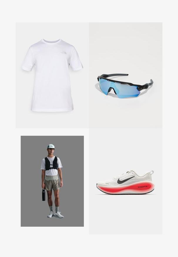Witte katoenen t-shirt met korte mouwen en een ronde hals. Heeft een klein grijs logo op de linkerkant van de borst. Soepele textuur, standaard pasvorm.; Atleet in een wit netwerkshirt, zwarte harnasvest, beige shorts, grijze sokken en witte schoenen, met een zwarte waterfles in de hand.; Nike hardloopschoenen met een witte gebreide bovenkant, een zwarte swoosh en een dikke, rood-witte dempingszool met het label "ZOOMX." Zwarte traction buitenzool.; Sportzonnebril met een zwart frame, grote blauw-getinte lenzen en een stevige constructie. Ze hebben verbeterde omsluitende dekking.