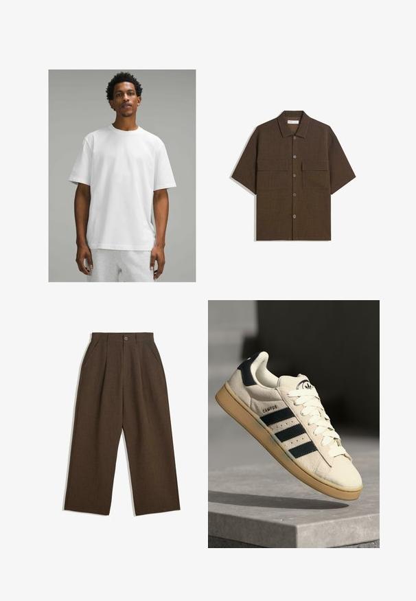 Biała bawełniana koszulka z krótkim rękawem, okrągłym dekoltem, luźny krój. Gładka tekstura, jednolity design, brak widocznych wzorów lub akcentów.; Koszula z krótkim rękawem, ciemnobrązowa, wykonana z fakturowanej tkaniny. Posiada zapięcie na guziki z przodu oraz dwie kieszenie na piersi. Casualowy design z luźnym krojem.; Brązowe spódnie z plisami w szerokim kroju, z zapięciem na guziki i bocznymi kieszeniami, wykonane z teksturowanej tkaniny, idealne na codzienne okazje.; Beżowe zamszowe sneakersy z trzema ciemnoniebieskimi paskami, białymi sznurówkami i brązową kauczukową podeszwą. Zawierają logo na języku oraz tekst "CAMPUS".