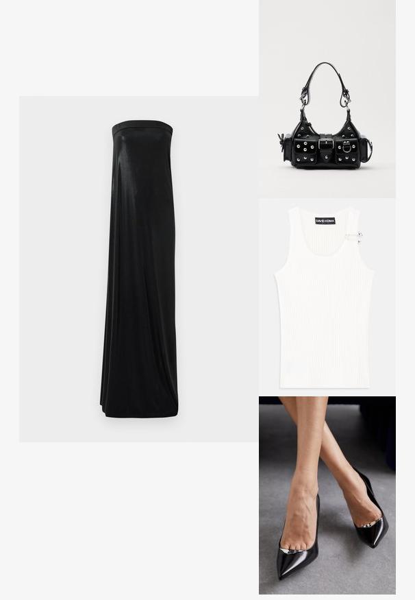 Balts ribota bez piedurknēm topiņš ar apaļu dekoltē un metāla akcentu uz pleca. Mīksta tekstūra, pieguļošs dizains.; Melna strapless maxi kleita, izgatavota no gludas, spīdīgas auduma. Ar pieguļošu augšdaļu un plūstošu siluetu, kas sasniedz zemi bez rotājumiem.; Melnas ādas augstpapēžu kurpes ar izteiktu purngalu un atveramu dizainu, kas papildināts ar dekoratīvu sudraba akcentu. Gluda tekstūra ar pulētu apdari.; Melnas ādas rokturmais ar izliekumu, ar sudraba iedurtiem, sprādzi un divām sānu kabatām. Regulējams siksniņas garums dažādām nēsāšanas iespējām.