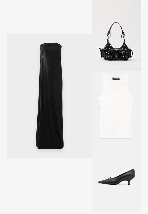 Valge ribaga tank top ümmarguse kaelusega ja metallist aksessuaari detailiga õlal. Pehme tekstuur, istuv disain ja ilma varrukateta stiil.; Must have rihmatu maksi kleit, mis on valmistatud siledast, läikivast kangast. Omab õhulist bodi ja voogavat siluetti, ulatudes põrandani ilma kaunistusteta.; GIABORGHINI DANA - Klassikalised kontsakingad - black; Must värvi nahast käekott, millel on kaarjas disain, hõbedased nupukesed, kinnitusahe ja kaks külgtaskut. Reguleeritav rihm erinevate kandmisvõimaluste jaoks.