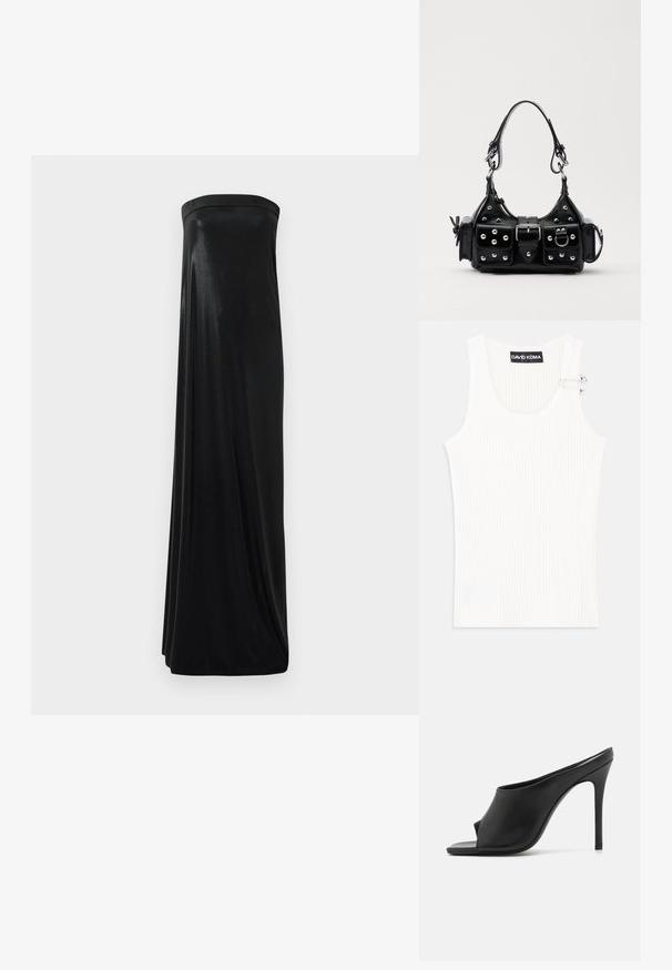 Balta raibuotas marškinėliai be rankovių su apvalia iškirpte ir metaliniu akcentu ant peties. Minkšta tekstūra, prigludęs dizainas ir be rankovių stilius.; Juoda maxi suknelė be petnešėlių, pagaminta iš glotnaus, blizgaus audinio. Suknelė turi prigludusią viršūnę ir laisvą siluetą, siekiantį grindis, be jokių puošmenų.; GIABORGHINI KEIRA - Sandalai su T formos dirželiu - black; Juodas odinis rankinukas su kreiviu dizainu, su sidabro spalvos knopkėmis, užsegimu ir dviem šoninėmis kišenėmis. Reguliuojama dirželis nešimui.