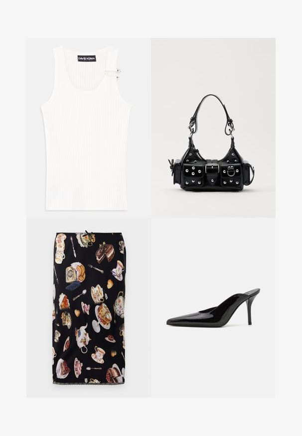 Top alb cu dungi, cu decolteu rotund și detaliu metalic pe umăr. Textură moale, design ajustat și stil fără mâneci.; Fustă neagră cu un model de cești de ceai, prăjituri și patiserie, cu ilustrații detaliate și un tiv decorativ din dantelă.; Mule-uri cu toc înalt din piele lacuită neagră, cu vârful ascuțit și o siluetă elegantă, având un spate deschis și un toc subțire stilletto.; Geantă de piele neagră cu un design curbat, dotată cu studuri argintii, o cataramă și două buzunare laterale. Curea ajustabilă pentru opțiuni de transport.