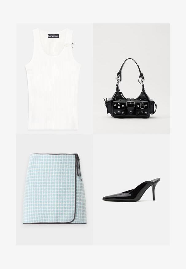 Fehér bordázott ujjatlan felsőrész körkivágással és fém részleteléssel a vállon. Puha tapintású, testhezálló fazonú.; Világoskék és fehér kockás mintájú, puha tapintású wrap szoknya, kontrasztos sötét díszítéssel. Az oldalán megkötővel záródik.; Fekete lakkbőr magas sarkú mules cipő, hegyes orral és karcsú sz Siluettel, nyitott hátsó résszel és vékony stilettó sarokkal.; Fekete bőr kézitáska ívelt designnal, ezüst szegecsekkel, csattal és két oldalsó zsebbel. Állítható vállpánt a hordozási lehetőségekhez.