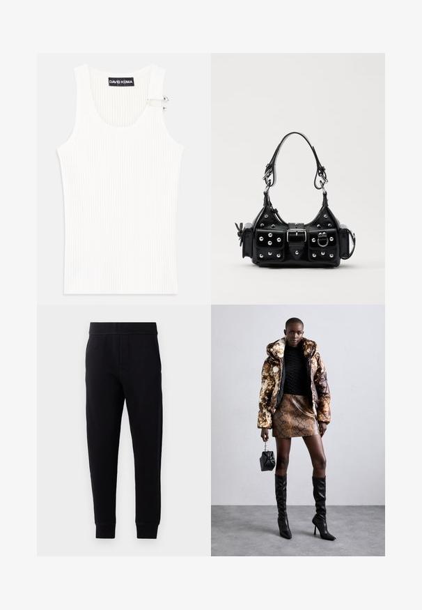 Valge ribaga tank top ümmarguse kaelusega ja metallist aksessuaari detailiga õlal. Pehme tekstuur, istuv disain ja ilma varrukateta stiil.; Mustad mustad jooksupüksid pehmest kangast, elastse vöökoha, kitsaste lõike, küljetaskute ja taperdatud pahkluude otsadega.; Põuejope pruuni ja musta mustriga, kokku sobitatud pruuni madu nahast mini-seelikuga, mustade reie kõrguste saapadega ja väikese musta kotiga.; Must värvi nahast käekott, millel on kaarjas disain, hõbedased nupukesed, kinnitusahe ja kaks külgtaskut. Reguleeritav rihm erinevate kandmisvõimaluste jaoks.
