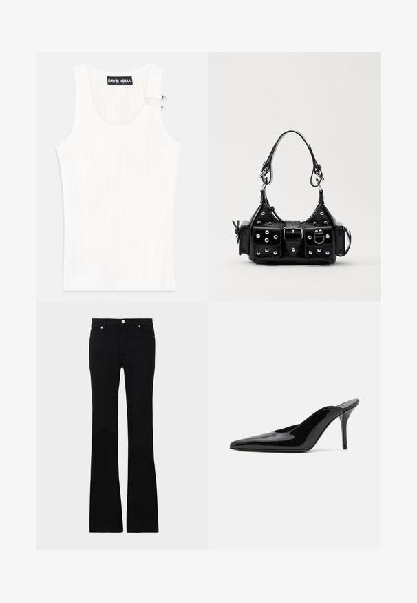 Biała prążkowana bluzka na ramiączkach z okrągłym dekoltem i metalowym akcentem na ramieniu. Miękka tekstura, dopasowany fason i bezrękawowy styl.; Czarne dzwony z denimu, z dwoma przednimi kieszeniami, zapięciem na guzik i gładką fakturą. Widoczne charakterystyczne szycie na szwach.; Czarne lakierowane mule na wysokim obcasie z wąskim noskiem i elegancką sylwetką, charakteryzujące się otwartym tyłem i smukłym szpilką.; Czarna skórzana torebka w zakrzywionym kształcie, z srebrnymi ćwiekami, klamrą i dwoma bocznymi kieszeniami. Regulowany pasek umożliwiający różne opcje noszenia.