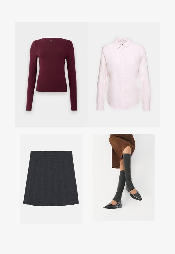 Langärmliges, burgunderfarbenes, figurbetontes Rundhals-Shirt mit schlichtem Design und ohne sichtbare Muster oder Logos, präsentiert vor einem schlichten weißen Hintergrund.; Hellrosa Langarmhemd mit Button-Down-Kragen, geradem Saum und weicher Textur, aus leichtem Baumwollstoff gefertigt.; Dunkelgrauer, plissierter Rock mit elastischem Bund, aus einem strukturierten Stoff und in klassischer A-Linie. Geeignet für die Freizeit.; Schwarze lacklederne spitze Schuhe mit Blockabsatz und Knöchelriemen, kombiniert mit grauen gerippten Beinstulpen und einem braunen Wildlederrock.