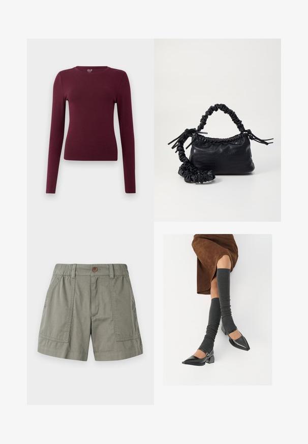 Tricou cu maneci lungi, ajustat, de culoare burgundy, cu guler rotund, având un design simplu și fără modele sau logo-uri vizibile, expus pe fundal alb simplu.; Şorturi de culoare verde măsliniu deschis, confecționate dintr-un amestec de bumbac, având o talie elastică, buzunare frontale și un închideri cu un singur buton.; Pantofi negri din piele lacuită, cu vârful ascuțit, toc bloc și curea la glezna, asortați cu jambiere gri cu nervuri și o fustă din suede maro.; Geantă din faux leather neagră cu textură de crocodil, cu partea superioară strânsă și o curea mototolită. Pare moale și compactă ca design.