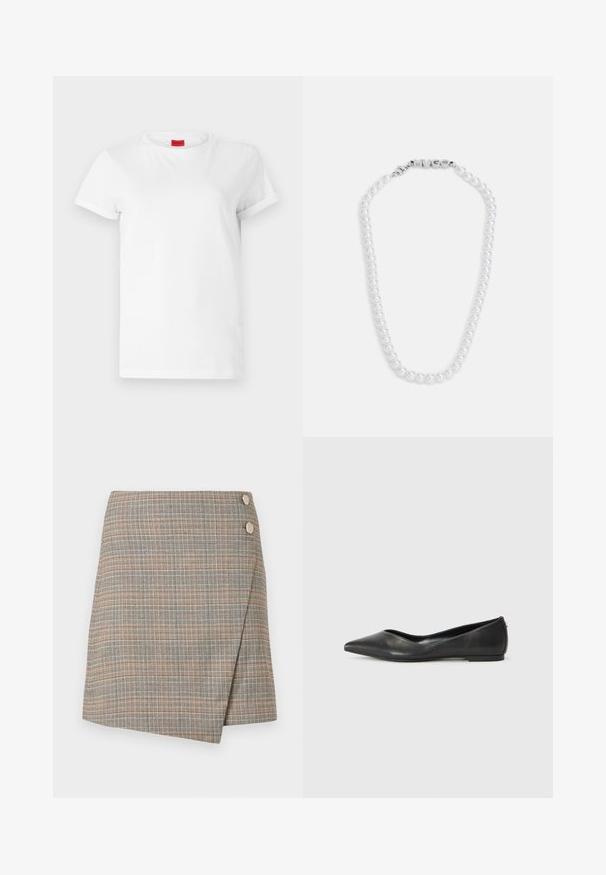 Balta trumpo rank Sleeves marškinėliai, pagaminti iš lengvo medvilnės. Turi apvalų iškirpimą ir sukurtas rankoves. Raudonas logotipo ženklelis ant apykaklės.; Pilkas margas suknelės sijonas su oranžinėmis, rudi ir kreminėmis linijomis. Yra du dideli mygtukų akcentai ant liemens ir švarus apdaila.; Juodas odinis baleto batelis su smailiu носu, žemu kulnu ir lygiu paviršiumi. Minimalistinis dizainas su subtiliu šoniniu akcentu.; Baltos perlų kaklo vėrinys su glotnia tekstūra, su sidabriniu užsegimu, ant kurio išgraviruotas žodis "HUGO". Vienodai dydžio perlai klasikiniame dizaine.