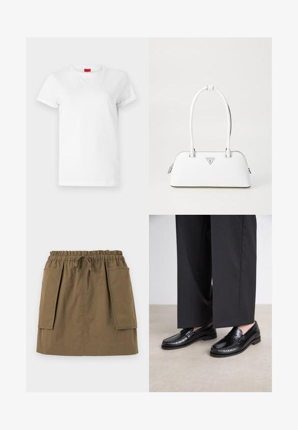 Bílý tričko s krátkým rukávem vyrobené z lehké bavlny. Má kulatý výstřih a ohrnuté rukávy. Červená nášivka s logem na límci.; Olivově zelená sukně po kolena s elastickým pasem, šňůrkou a dvěma velkými bočními kapsami. Vyrobena z lehké tkaniny s viditelnými švy.; Černé kožené loafers s hladkým povrchem, prošívané detaily kolem špičky a nízkou gumovou podrážkou. V kombinaci s širokými černými kalhotami.; Bílá kožená kabelka s zakřiveným tvarem, na které se nachází stříbrné trojúhelníkové logo a zipové uzavření. Hladký povrch a dvojité uši.