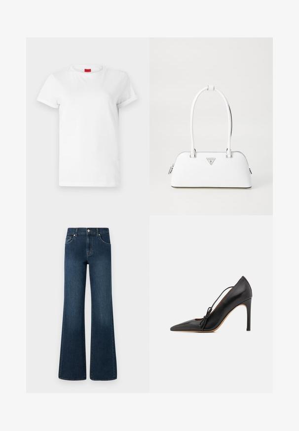 Hvid kortærmet t-shirt lavet af letvægts bomuld. Har en rund halsudskæring og rullede ærmer. Rød logoetiket på kraven.; Bredde ben denimjeans i mørkeblå vask med knaplukning, fem lommer og en let falmning i teksturen for ekstra detalje.; Sorte læder højhælede sko med spidse tæer, delikate lace-detaljer og en slank silhuet. Blank finish med en tan sål.; Hvid lædertaske med en buet form, der har et sølvtrapezlogo og lynlåslukning. Glat tekstur og dobbelthåndtag.