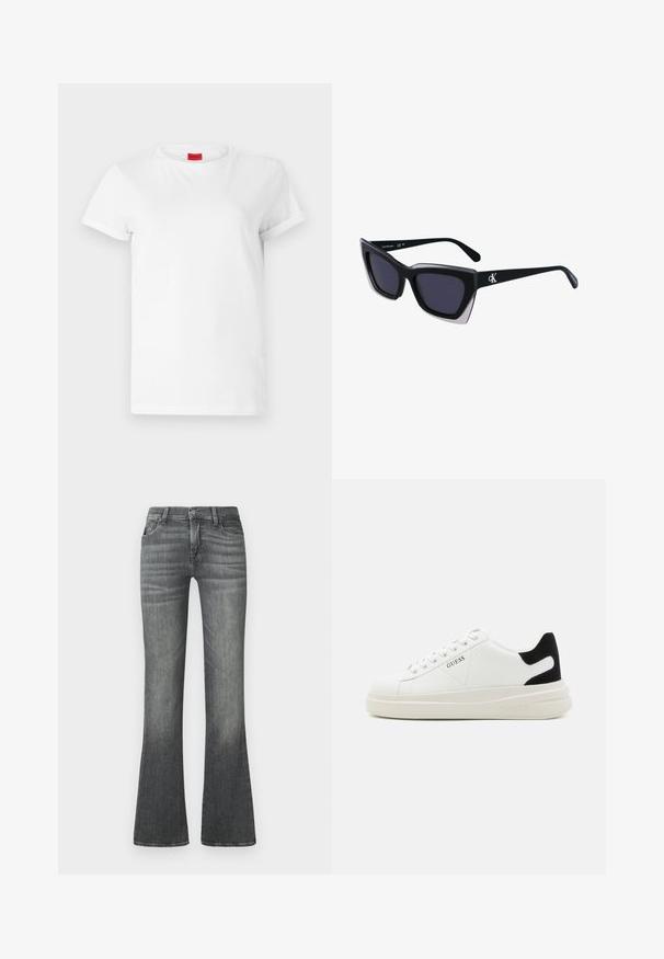 Fehér, rövid ujjú póló, könnyű pamutból készült. Kerek nyakkivágással és felgöngyölt ujjakra rendelkezik. Piros logós címke a galléron.; Szürke, csípőnél bővülő farmernadrág, közepes derékkal, finom kopással és klasszikus öt zsebes kialakítással.; Fehér bőr sportcipők vastag fehér talppal, fekete velúr sarokpikkelyel és dombornyomott logóval az oldalon. Fűzős kialakítás, hat fűzőlyukkal.; Fekete, nagyméretű napszemüveg geometrikus formával, sötét lencsékkel és kontrasztos szürke részlettel a kereten. Logó a szárán.
