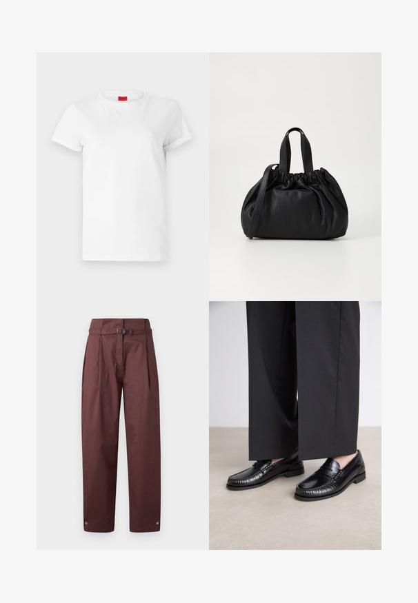 Bílý tričko s krátkým rukávem vyrobené z lehké bavlny. Má kulatý výstřih a ohrnuté rukávy. Červená nášivka s logem na límci.; Bordó kalhoty s širokými nohavicemi vyrobené z bavlny, s páskem v pase, plisovaným předním dílem a patentkami na kotnících. Hladká textura, minimalistický design.; Černé kožené loafers s hladkým povrchem, prošívané detaily kolem špičky a nízkou gumovou podrážkou. V kombinaci s širokými černými kalhotami.; Černá kožená kabelka s designem staženého vršku, která má dvě krátké ucha a dlouhý nastavitelný popruh. Hladký povrch, zaoblený tvar.