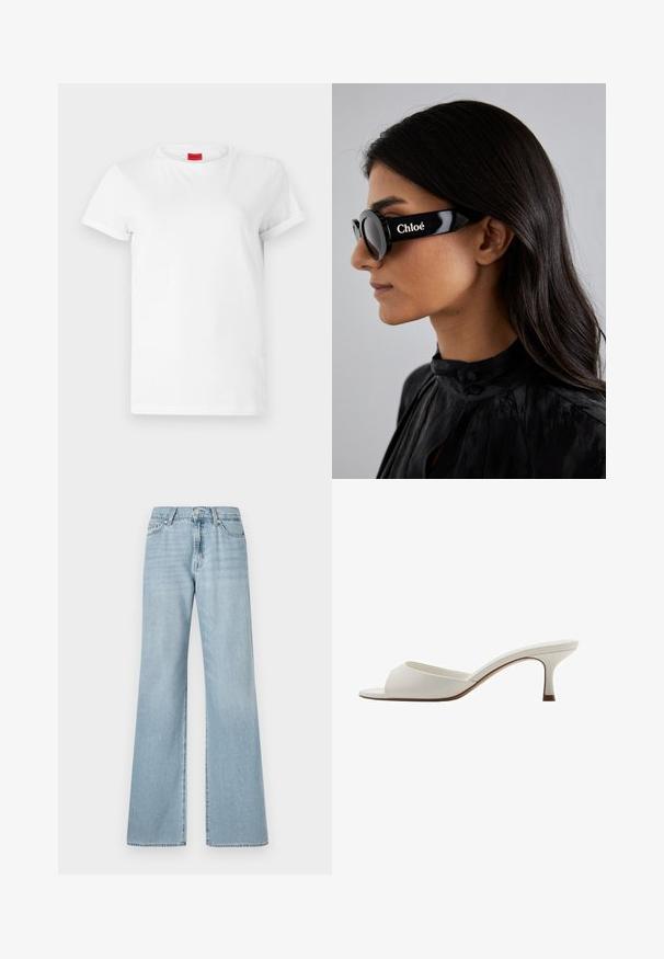 Bílý tričko s krátkým rukávem vyrobené z lehké bavlny. Má kulatý výstřih a ohrnuté rukávy. Červená nášivka s logem na límci.; Světle modré kalhoty s širokými nohavicemi vyrobené z denimu, s vysokým pasem, předními kapsami a jemným vyblednutím po celé látce.; Bílé otevřené lodičky na vysokém podpatku s hladkým povrchem, minimalistickým designem a štíhlým podpatkem, se slabým hnědým akcentem na podrážce.; Černé sluneční brýle s kulatými skly a výraznými, ostrými rámy, na boku s bílým nápisem "Chloé". Hladký, lesklý povrch.