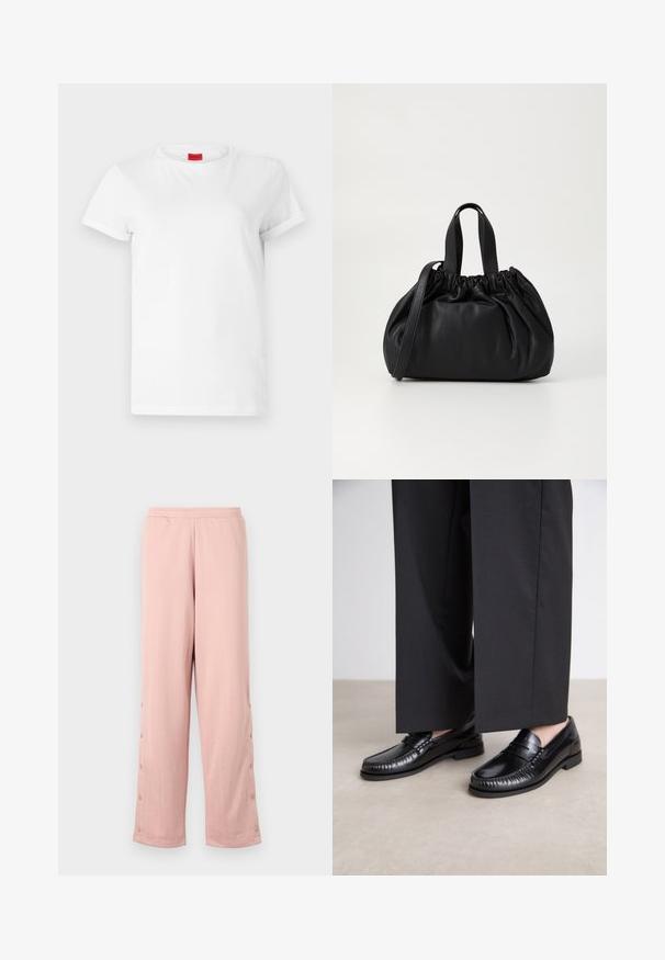 Bílý tričko s krátkým rukávem vyrobené z lehké bavlny. Má kulatý výstřih a ohrnuté rukávy. Červená nášivka s logem na límci.; Světle růžové kalhoty širokého střihu vyrobené z měkké tkaniny, s jemným embosovaným vzorem a dekorativními knoflíky podél bočního švu.; Černé kožené loafers s hladkým povrchem, prošívané detaily kolem špičky a nízkou gumovou podrážkou. V kombinaci s širokými černými kalhotami.; Černá kožená kabelka s designem staženého vršku, která má dvě krátké ucha a dlouhý nastavitelný popruh. Hladký povrch, zaoblený tvar.