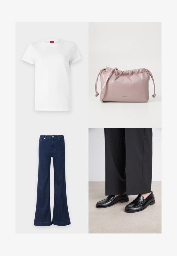 T-shirt blanc à manches courtes en coton léger. Présente un col rond et des manches retroussées. Étiquette logo rouge sur le col.; Jean flare bleu foncé en denim, doté d'une taille haute, d'un léger délavage et de finitions en doré sur les poches avant et le système de fermeture.; Mocassins en cuir noir avec une finition lisse, descoutures autour de l'orteil et une semelle en caoutchouc basse. Assortis à un pantalon large noir.; Sac en cuir lisse rose blush, avec un haut froncé, une fermeture à cordon et une fine sangle. Présente un logo Calvin Klein discret sur le devant.