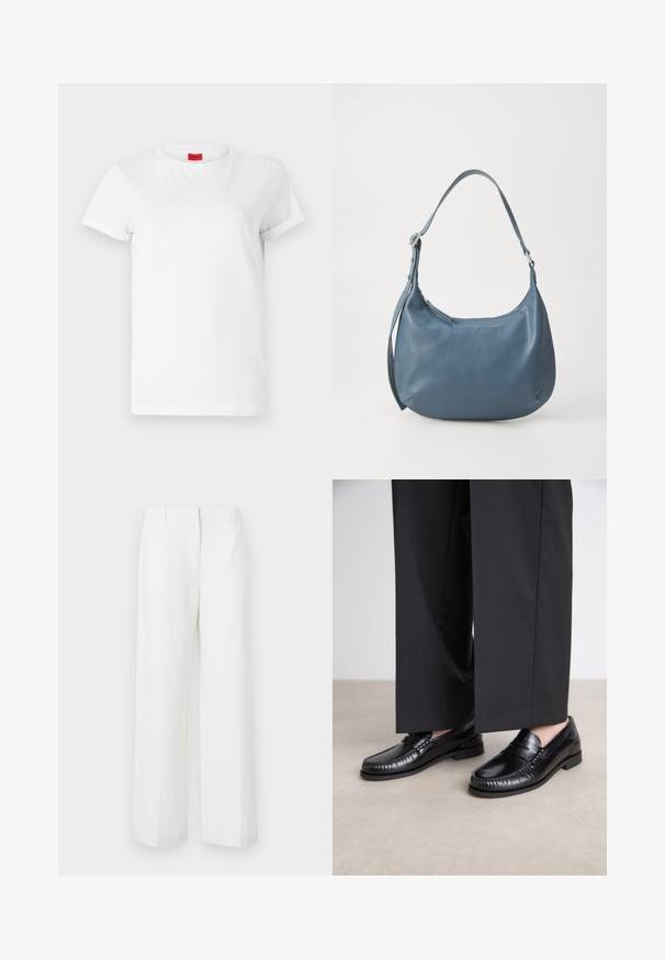 Bela majica s kratkimi rokavi iz lahkega bombaža. Ima okroglo ovratnik in zavite rokave. Rdeča oznaka z logotipom na ovratniku.; Bele hlače širokih nogavic z gladko teksturo, s ploskim sprednjim delom in pregibanimi linijami. Narejene iz lahkotnega materiala, brez vidnih vzorcev.; Črne usnjene loafer čevlje z gladko površino, stikani detajli okoli prstov in nizko gumijasto podplat. Usklajeni z širokimi črnimi hlačami.; Modra usnjena torbica z zaobljeno obliko, enim naramnim ročajem, zadrgo in vtisnjenim imenom blagovne znamke na sprednji strani. Gladka tekstura.
