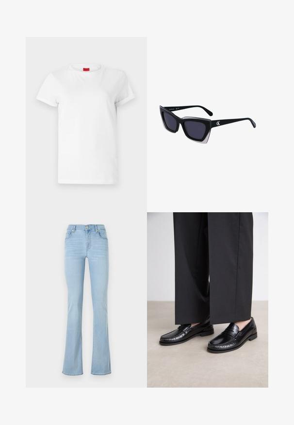 Hvid kortærmet t-shirt lavet af letvægts bomuld. Har en rund halsudskæring og rullede ærmer. Rød logoetiket på kraven.; Lyseblå denim flared jeans med høj talje, fem lommer, en frontknap og minimale syninger.; Sorte læder loafers med en glat finish, syet detaljering omkring tæerne og en lav gummisål. Sammen med brede sorte bukser.; Store sorte oversized solbriller med geometrisk form, med mørke linser og en kontrasterende grå detalje på stellet. Logo på armen.