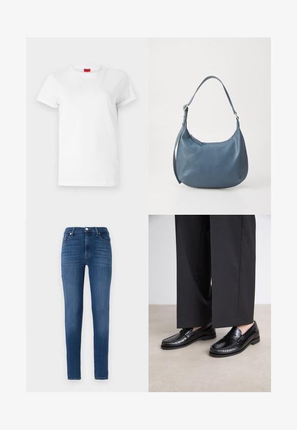 Camiseta blanca de manga corta hecha de algodón ligero. Presenta un escote redondo y mangas enrolladas. Etiqueta de logo roja en el cuello.; Jeans ajustados de denim azul oscuro. Con cintura alta, bolsillos frontales y un desvanecimiento sutil. Corte recto con costura en el dobladillo.; Mocasines de cuero negro con un acabado suave, con costuras alrededor de la punta y una suela de goma baja. Combinados con pantalones anchos negros.; Bolso de piel azul con forma redondeada, correa de hombro única, cierre de cremallera y nombre de la marca en relieve en la parte frontal. Textura suave.