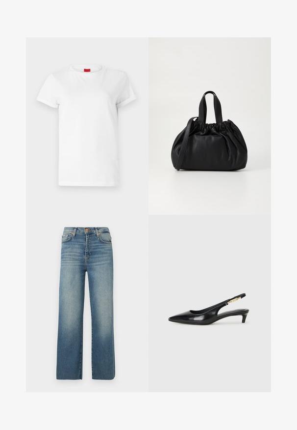 White short-sleeve t-shirt made of lightweight cotton. Features a round neckline and rolled sleeves. Red logo tag on the collar.; Wide-leg blue jeans made of denim, featuring a faded wash, five-pocket design, button closure, and belt loops, with a straight, relaxed fit.; Black leather slingback heels with a pointed toe, featuring a slim heel and a gold-tone accent on the adjustable strap. Smooth texture.; Black leather handbag with a gathered top design, featuring two short handles and a long adjustable strap. Smooth texture, rounded shape.