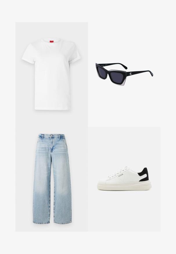 T-shirt branca de manga curta feita de algodão leve. Apresenta um decote redondo e mangas dobradas. Etiqueta de logotipo vermelha na gola.; Jeans de ganga de perna larga em azul-claro com cintura alta, efeito de desgaste subtil, bainha crua e design clássico de cinco bolsos.; Sapatilhas brancas de couro com uma sola branca espessa, detalhe em camurça preta no calcanhar e logótipo em relevo na lateral. Design com atacadores e seis ilhós.; Óculos de sol oversized pretos com forma geométrica, apresentando lentes escuras e um detalhe cinza em contraste na armação. Logotipo na haste.