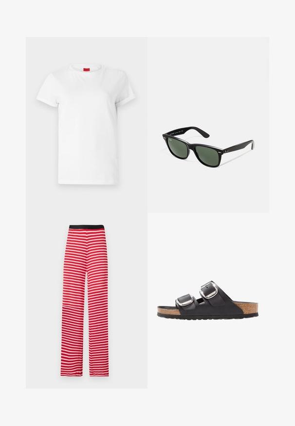 Tricou alb cu maneci scurte, fabricat din bumbac subtire. Are un decolteu rotund și mâneci răsucite. Etichetă roșie cu logo pe guler.; Pantaloni largi cu dungi roșii și albe, cu un brâu elastic negru, realizați dintr-un material moale, având dungi orizontale uniforme.; Sandale negre cu două curele reglabile, catarame argintii și un talpă din plută pe o talpă din cauciuc texturat negru.; Ochelari de soare din plastic negru cu lentile verzi, rame pătrate, accent argintiu pe sprânceană și brațe texturate. Marca este menționată pe brațul interior.