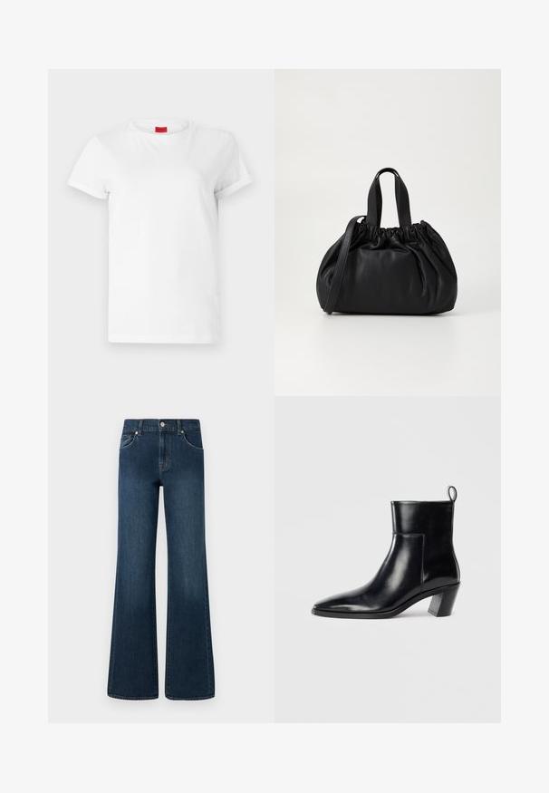 Balts īsām piedurknēm T-krekls, izgatavots no viegla kokvilnas. Tam ir apaļa kakla izgriezums un sarullētas piedurknes. Sarkans logotipa uzlīme uz apkaklītes.; Plati kāju džinsi tumši zilā mazgājumā tonī, ar pogu aizdari, piecām kabatām un nelielu izbalējumu tekstūrā, lai pievienotu papildus detaļas.; Melnas ādas potītes zābaki ar norādītu purngalu, ģeometrisku stieptu papēdi un cilpu aizmugurē. Gluda tekstūra un elegants dizains.; Melnas ādas rokassomu ar savākta augšdaļa dizainu, kas aprīkota ar divām īsām rokturiem un garu regulējamu siksnu. Gluda tekstūra, noapaļota forma.