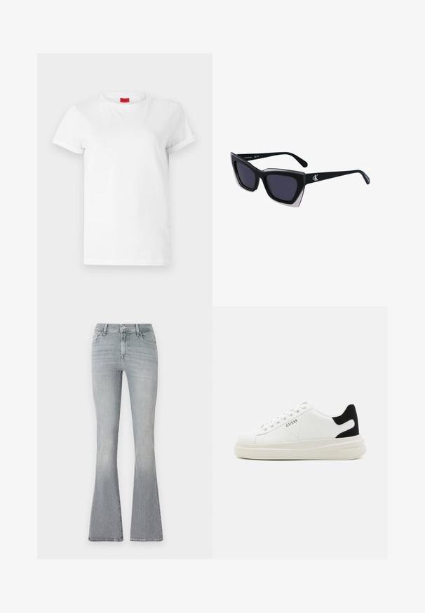Camiseta blanca de manga corta hecha de algodón ligero. Presenta un escote redondo y mangas enrolladas. Etiqueta de logo roja en el cuello.; Jeans acampanados en denim gris claro. De talle alto, con un ligero desvanecido de la parte superior al dobladillo. Diseño clásico de cinco bolsillos y cierre con botón metálico.; Zapatillas blancas de cuero con una suela blanca gruesa, acento en el talón de ante negro y logo grabado en el lateral. Diseño de cordones con seis ojales.; Gafas de sol negras de gran tamaño con una forma geométrica, que presentan lentes oscuros y un detalle gris contrastante en la montura. Logo en la pata.