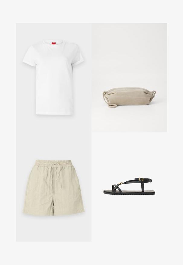 White short-sleeve t-shirt made of lightweight cotton. Features a round neckline and rolled sleeves. Red logo tag on the collar.; Light beige shorts made of textured fabric with an elastic waistband and a drawstring, featuring side pockets and a relaxed fit.; Black leather sandals with thin straps and a buckled ankle strap. Flat sole with a textured finish and zigzag edge. Minimalist design.; Marimekko KARLA - Cross body bag - light grey