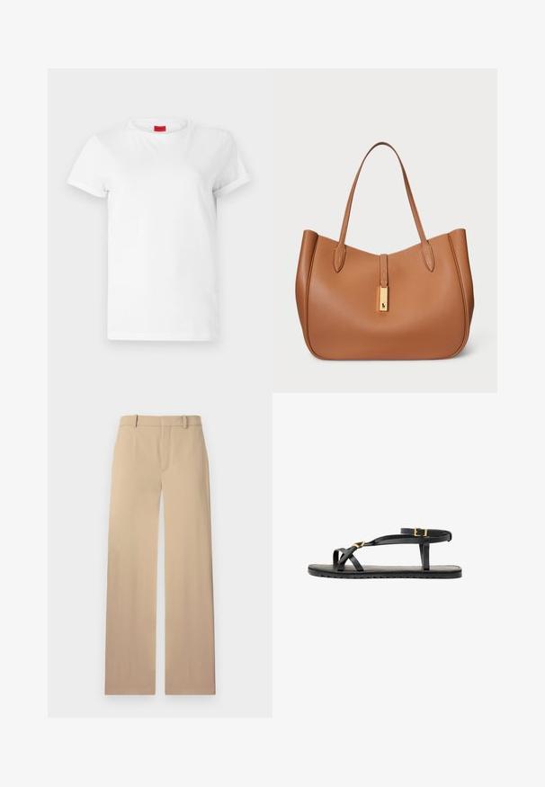 T-shirt blanc à manches courtes en coton léger. Présente un col rond et des manches retroussées. Étiquette logo rouge sur le col.; Pantalons beiges en tissu lisse, présentant une coupe droite, des passants de ceinture et un pli subtil à l'avant pour apporter de la structure.; Sandales en cuir noir avec de fines lanières et une sangle autour de la cheville à boucle. Semelle plate avec une finition texturée et un bord en zigzag. Design minimaliste.; Sac fourre-tout en cuir marron avec une forme arrondie, texture lisse et deux poignées. Présente un accent en métal doré au centre.