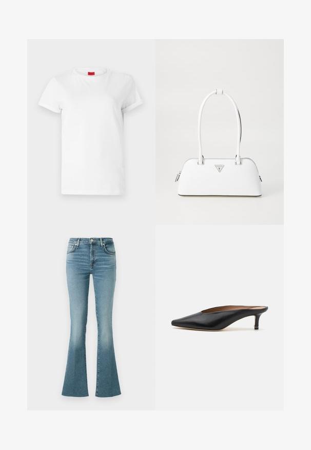 White short-sleeve t-shirt made of lightweight cotton. Features a round neckline and rolled sleeves. Red logo tag on the collar.; Light blue denim flared jeans with a high waist, featuring front pockets and a classic five-pocket design, smooth texture, and faded finish.; Black leather mules with a pointed toe and low, block heel. Smooth texture with a sleek design. Open back with minimal detailing.; White leather handbag with a curved shape, featuring a silver triangular logo and zipper closure. Smooth texture and dual handles.