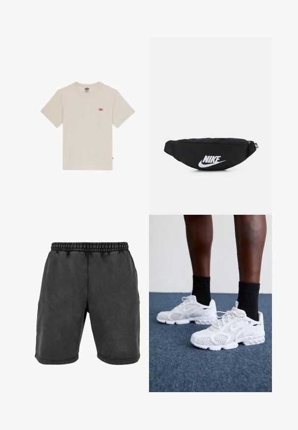 Kremowa koszulka z bawełny, z krótkim rękawem, okrągłym dekoltem oraz małym, wielokolorowym haftowanym logo na piersi.; Czarne bawełniane szorty z elastycznym paskiem w talii, z bocznymi kieszeniami i dekoracyjnym przeszyciem. Materiał ma miękką, matową teksturę.; Białe sportowe buty z siateczkową cholewką, teksturowanymi akcentami i wyściełaną podeszwą. W zestawieniu z czarnymi skarpetkami ściągaczowymi do kostek na niebieskiej wykładzinie.; Czarna nylonowa nerka z zamkiem błyskawicznym, z dużym białym logo Nike. Gładka tekstura i ergonomiczny design dla komfortowego noszenia.