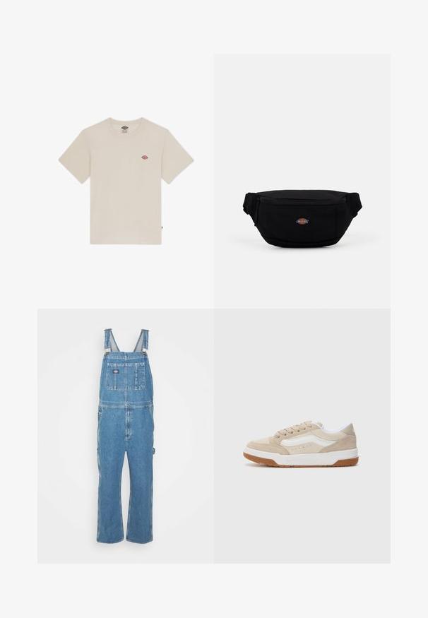 Κρεμιά βαμβακερή μπλούζα με κοντά μανίκια, στρογγυλή λαιμόκοψη και ένα μικρό πολύχρωμο κεντημένο λογότυπο στο στήθος.; Τζιν γενναιόδωρες σε ανοιχτό μπλε με ρυθμιζόμενους ιμάντες, μπροστινής τσέπης και πλευρικών τσεπών. Κάτω σε χαλαρή εφαρμογή με ίσιες γραμμές, φτιαγμένες από βαμβακερό ύφασμα.; Μπεζ σουέτ αθλητικά παπούτσια με λευκές λεπτομέρειες, στρογγυλή μύτη, υφασμάτινη σόλα και σχεδίαση χαμηλού κορμού. Ράψεις κατά μήκος των πλευρών και των κορδονιών.; Μαύρη υφασμάτινη τσάντα μέσης με φερμουάρ, με μικρό λογότυπο επωνυμίας μπροστά. Συμπαγής, στρογγυλή σχεδίαση με ρυθμιζόμενους ιμάντες.