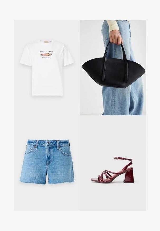 Hvit bomulls t-skjorte med grafisk trykk av en rosa vintagebil med teksten "KJÆRLIGHET ER EN RALLY, IKKE KOM FOR SENT" i svart og grått.; Denimshorts i lys blå, med rå kant, fem lommer og messing knappelukking. Glatt tekstur med lett falming.; Patenterte bordeaux høye sandaler med firkantet tå, med flere sammenvevde stropper og en tykk blokkhel. Justerbar ankelreim.; Svart skinnveske med en unik vifteform, med flate håndtak. Overflaten har en pebblelignende tekstur og et minimalistisk design.