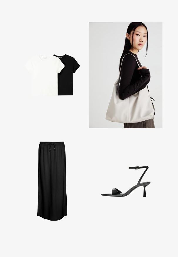 Twee t-shirts met korte mouwen, één wit en één zwart, gemaakt van katoen. Beide hebben een ronde halslijn en een eenvoudig, klassiek ontwerp.; Zwarte maxi-rok met een koord in de taille en twee houten toggles, van een gladde, lichte stof en met een eenvoudige, rechte snit.; Bershka Sandalen met hoge hak - black; Beige handtas gemaakt van zacht materiaal, met een slonzig ontwerp, gestikte details en twee schouderbanden. Geschikt voor dagelijks gebruik.