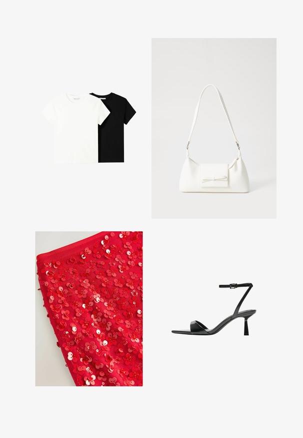 Två kortärmade t-shirts, en vit och en svart, tillverkade av bomull. Båda har en rund halsringning och en enkel, klassisk design.; Röd tyg täckt med glänsande röda paljetter formade som blommor, med olika storlekar och texturer, vilket skapar ett lager-på-lager och texturerat utseende.; Bershka Sandaletter - black; Vit syntetisk handväska med triangulär form, platt framklaff och rosettdetalj, justerbar rem, slät textur och minimalistisk design.