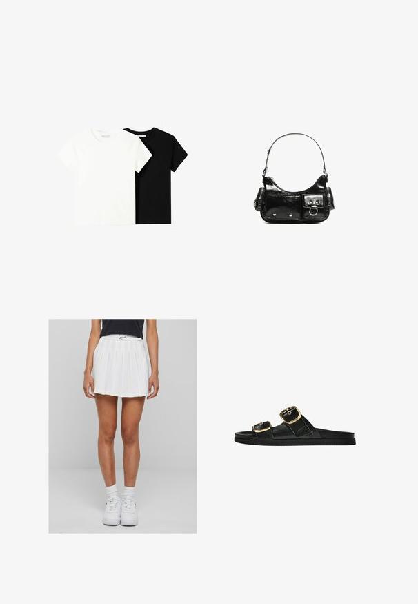 Deux t-shirts à manches courtes, l'un blanc et l'autre noir, en coton. Les deux présentent un col rond et un design simple et classique.; Jupe plissée blanche avec une taille élastique et une fermeture éclair, dotée d'une texture lisse. Associée à des baskets blanches et des chaussettes côtelées.; Sandale noire à glissière avec deux accents de boucle en or, en matériau lisse, semelle plate et design minimaliste.; Sac à main en cuir verni noir avec une forme incurvée, une bandoulière, des poches avant et des accents en métal argenté.
