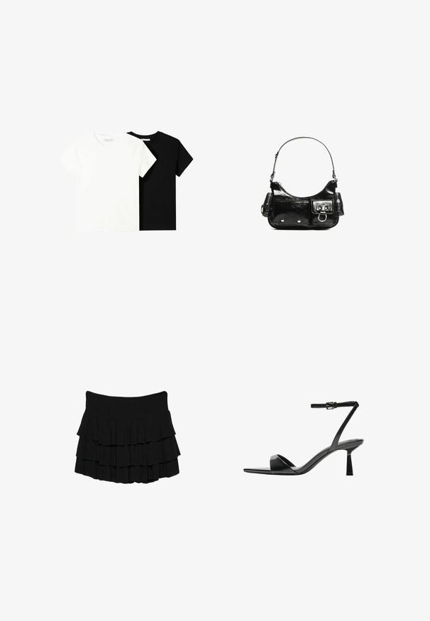 Dve tričko s krátkym rukávom, jedno biele a jedno čierne, vyrobené z bavlny. Obe majú okrúhly výstrih a jednoduchý, klasický dizajn.; Čierna zavinovacia sukňa vyrobená z ľahkej látky, s tromi horizontálnymi volánmi a elastickým pásom pre pohodlné nosenie.; Bershka Sandále na vysokom opätku - black; Čierna laková kožená kabelka s ohnutým tvarom, jedným ramenným popruhom, prednými vreckami a striebornými kovovými doplnkami.