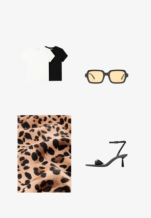 Dvě trička s krátkým rukávem, jedno bílé a jedno černé, vyrobené z bavlny. Obě mají kulatý výstřih a jednoduchý, klasický design.; Tkanina s leopardským potiskem, která má velké černé skvrny na béžovém pozadí, s hladkou saténovou texturou a plynulým vzhledem.; Bershka Sandály na vysokém podpatku - black; Černé obdélníkové sluneční brýle se žlutými skly, lehký rám a charakteristické tupé hrany na spáncích. Hladký, lesklý povrch.; Černá lakovaná kožená kabelka s křivkovým tvarem, jedním ramenním popruhem, předními kapsami a stříbrnými kovovými detaily.