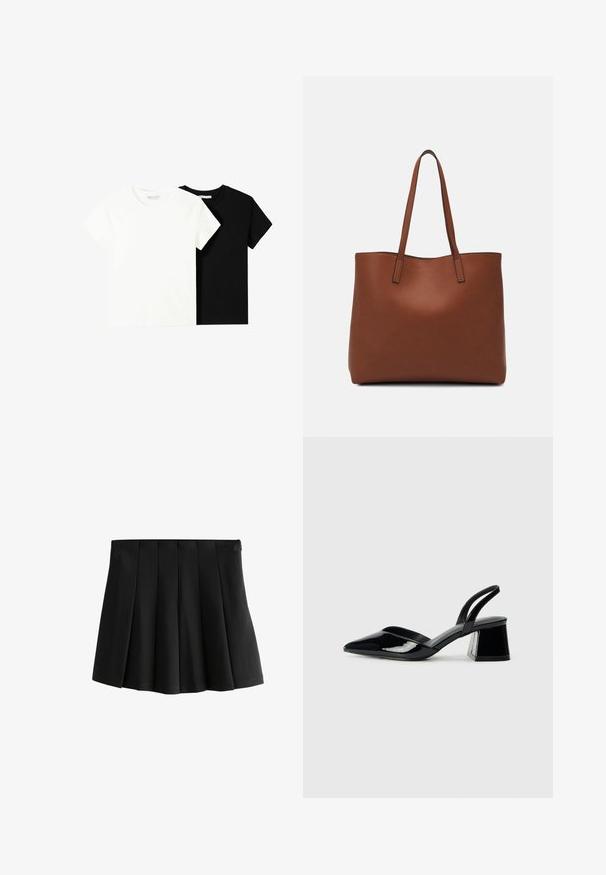Două tricouri cu mânecă scurtă, unul alb și unul negru, fabricate din bumbac. Ambele au un guler rotund și un design simplu, clasic.; Fustă mini neagră plisată, cu un brau neted și plisuri inverse structurale, izolată pe un fundal alb.; Pantofi cu toc slingback din piele lacuită neagră, cu vârf ascuțit și toc geometric. Prezintă un design elegant, minimalist și o textură netedă.; Geantă de umăr din piele maro cu o textură netedă, design cu vârf deschis și două curele pentru umăr. Prezintă cusături minime și fără componente metalice vizibile.