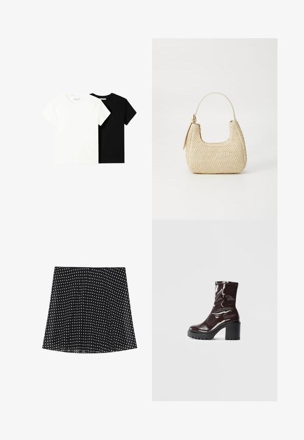 Dvě trička s krátkým rukávem, jedno bílé a jedno černé, vyrobené z bavlny. Obě mají kulatý výstřih a jednoduchý, klasický design.; Černá sukně s bílými puntíky, se sklady a hladkým povrchem. Má zaoblený lem a jednoduchý design pasu.; Lesklá bordó kotníková bota s masivním černým podpatkem, se hladkým povrchem a jednoduchým designem. Žádné viditelné zapínání ani vzory.; Tkaná slámová kabelka v béžové barvě s zakřiveným tvarem, krátkým držadlem a bočním zipem. Vyznačuje se texturovaným povrchem a minimalistickým designem.
