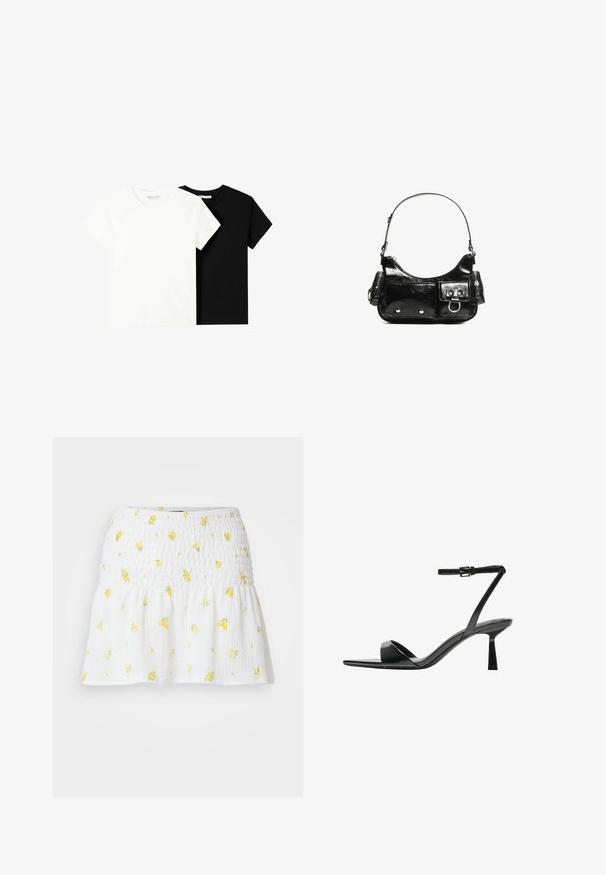 Két rövid ujjú póló, az egyik fehér, a másik fekete, pamutból készült. Mindkettő kerek nyakkivágással és egyszerű, klasszikus dizájnnal rendelkezik.; Fehér szoknya, smockolt textúrával és sárga virágmintával. Az alja bővített, laza sziluettet teremt.; Bershka Magas sarkú szandálok - black; Fekete lakkbőr kézitáska ívelt formával, egy vállpánttal, elülső zsebekkel és ezüstszínű fémrészletekkel.