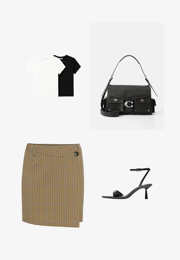 Két rövid ujjú póló, az egyik fehér, a másik fekete, pamutból készült. Mindkettő kerek nyakkivágással és egyszerű, klasszikus dizájnnal rendelkezik.; Barna és sárga kockás szoknya kék akcentusokkal. Egyenes vonalvezetésű, oldalsó gombos záródással és sima textúrájú anyaggal rendelkezik.; Bershka Magas sarkú szandálok - black; Fekete bőr kézitáska hajtókás záródással, ezüst színű fémrészekkel, két elülső zsebbel, kontrasztos varrással és levehető vállpánttal.