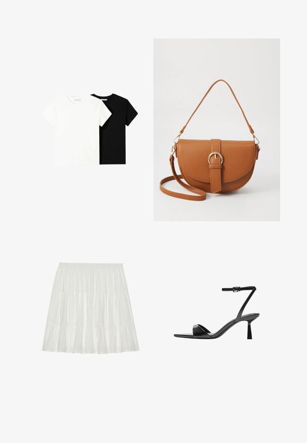 Twee t-shirts met korte mouwen, één wit en één zwart, gemaakt van katoen. Beide hebben een ronde halslijn en een eenvoudig, klassiek ontwerp.; Witte, gelaagde rok met een gestructureerde afwerking. Beschikt over een elastische tailleband en gelaagde ruches, wat een vloeiende silhouet creëert.; Bershka Sandalen met hoge hak - black; Bruine leren schoudertas met een gebogen vorm, gouden hardware en een gespaccent. Bevat een afneembare schouderriem.
