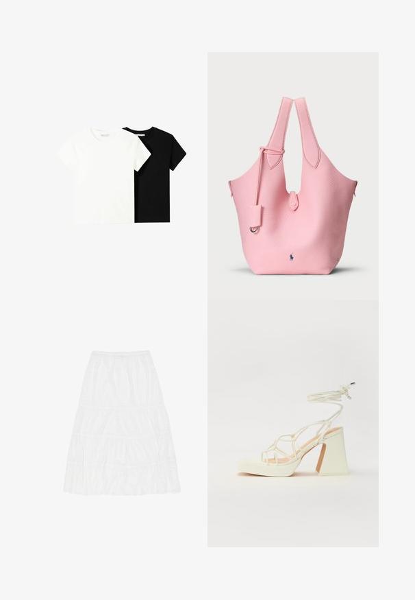 Dvě trička s krátkým rukávem, jedno bílé a jedno černé, vyrobené z bavlny. Obě mají kulatý výstřih a jednoduchý, klasický design.; Bílá vrstvená sukně vyrobená z texturované tkaniny. Má elastický pas a tři vodorovné volány s jemným a lehkým vzhledem.; Bílé sandály na vysokém podpatku s robustním podpatkem, s designem s pásky a zavazováním kolem kotníku. Hladký povrch s platformou vpředu pro zvýšení výšky.; Růžová kožená taška přes rameno s texturovaným povrchem, vybavená dvěma prodlouženými držadly a malou odnímatelnou visačkou. Logo umístěné ve spodní části.