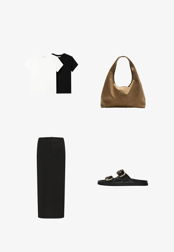 Zwei kurzärmelige T-Shirts, eines weiß und eines schwarz, aus Baumwolle. Beide haben einen runden Halsausschnitt und ein einfaches, klassisches Design.; Schwarzer Bleistiftrock mit gerader Silhouette, aus festem Stoff gefertigt, mit vorderen Falten und einem niedrigen Taillenbund. Keine sichtbaren Verschlüsse.; Schwarze Riemensandale mit zwei goldenen Schnallendetails, glattem Material, flachem Sohlen und minimalistischer Gestaltung.; Braune Stoffschultertasche mit einem breiten, runden Körper und einem großen Ausschnittgriff. Sanfte Textur, minimalistisches Design und keine sichtbaren Beschläge.