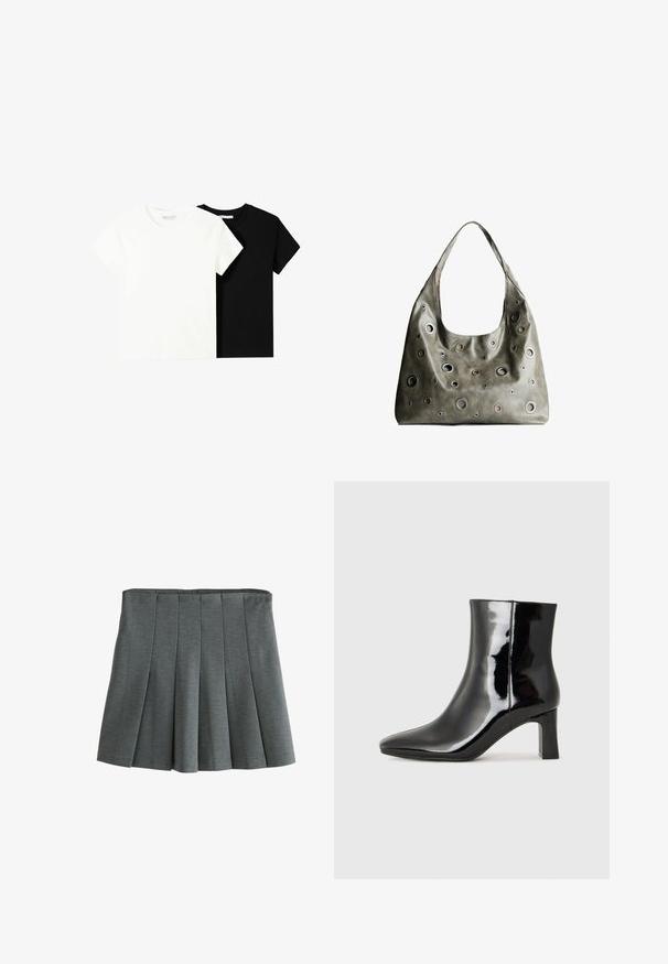 Kaksi lyhythihaista t-paitaa, yksi valkoinen ja yksi musta, valmistettu puuvillasta. Molemmissa on pyöreä kaula-aukko ja yksinkertainen, klassinen muotoilu.; Harmaa laskoshelma pehmeästä, tekstuuriltaan mielenkiintoisesta kankaasta. Sisältää istuvan vyötärön ja kerrokselliset laskokset liikkumista varten.; Musta patenttilakattu nilkkuri, jossa on terävä kärki ja keskipitkä lohkarekorko. Silkkinen pinta ja minimalistinen muotoilu.; Oliivinvihreä nahkalaukku, jossa on rento muotoilu, ja jossa on erilaisia kokoisia pyöreitä läpivientejä sekä tummempia ja vaaleampia yksityiskohtia.
