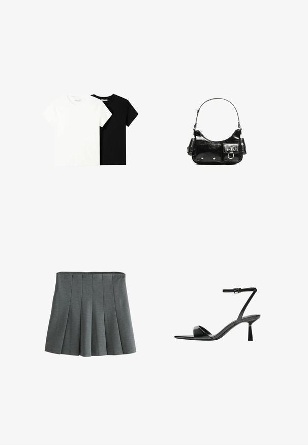 Dve tričko s krátkym rukávom, jedno biele a jedno čierne, vyrobené z bavlny. Obe majú okrúhly výstrih a jednoduchý, klasický dizajn.; Sivá plisovaná sukňa vyrobená z mäkkej, štruktúrovanej tkaniny. Má priliehavý pás a vrstvené plisovanie pre voľnosť pohybu.; Bershka Sandále na vysokom opätku - black; Čierna laková kožená kabelka s ohnutým tvarom, jedným ramenným popruhom, prednými vreckami a striebornými kovovými doplnkami.
