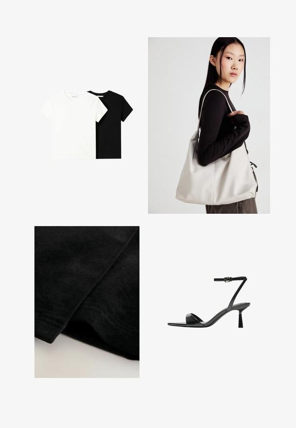 Zwei kurzärmelige T-Shirts, eines weiß und eines schwarz, aus Baumwolle. Beide haben einen runden Halsausschnitt und ein einfaches, klassisches Design.; Schwarzer Cord-Stoff mit einer weichen, strukturierten Oberfläche, der sichtbare Rippungen und ordentlich gesäumte Kanten aufweist.; Bershka High Heel Sandalette - black; Beige Handtasche aus weichem Material, mit einem lässigen Design, gesteppten Details und zwei Schulterriemen. Geeignet für den täglichen Gebrauch.